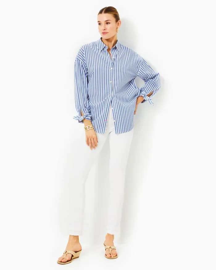 Women Lilly Pulitzer Tops Lesia Relaxed Button Down Shirt Briny Blue Cabana Stripe Women Lilly Pulitzer Tops Lesia Relaxed Button Down Shirt Briny Blue Cabana Stripe