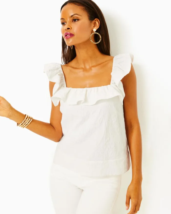 Women Lilly Pulitzer Tops Zoya Ruffle Top Resort White Caliente Pucker Jacquard Women Lilly Pulitzer Tops Zoya Ruffle Top Resort White Caliente Pucker Jacquard