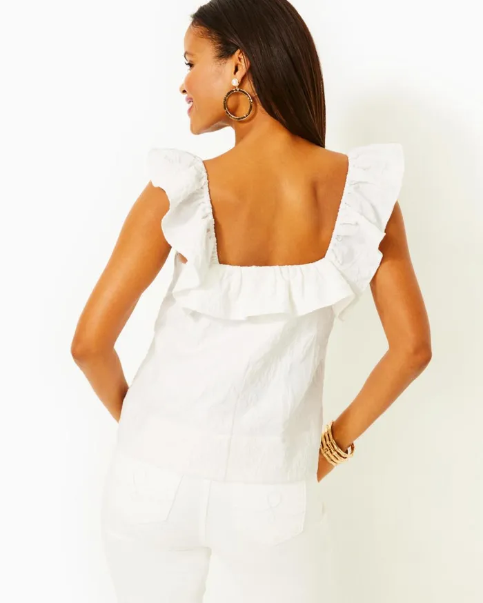 Women Lilly Pulitzer Tops Zoya Ruffle Top Resort White Caliente Pucker Jacquard Women Lilly Pulitzer Tops Zoya Ruffle Top Resort White Caliente Pucker Jacquard