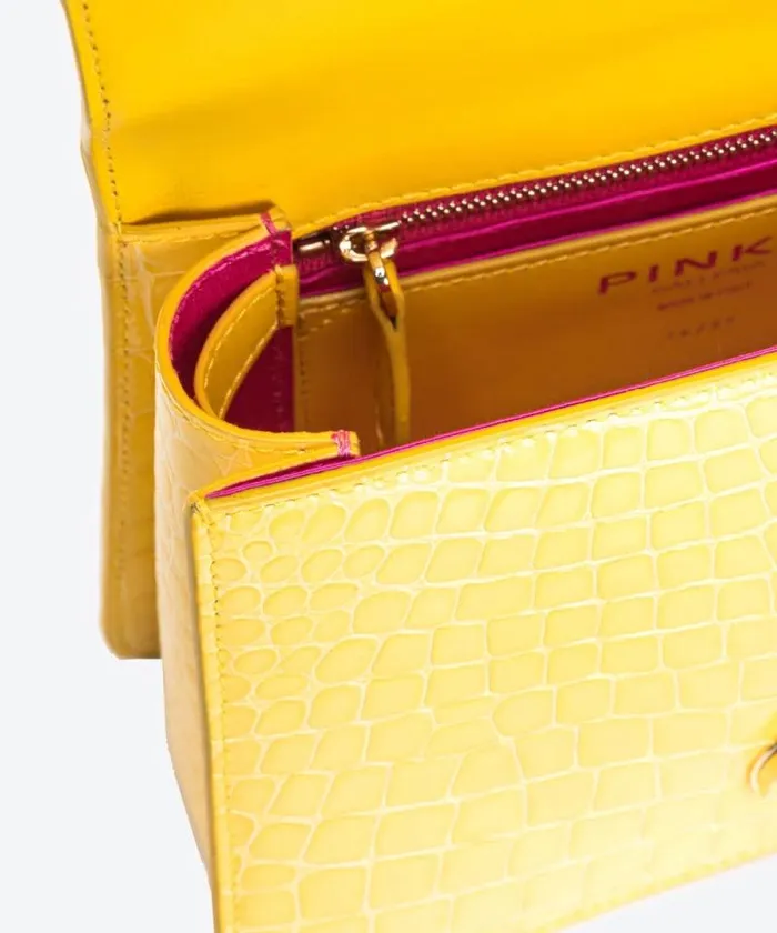 Women Limited Edition Pinko PINKO Galleria Mini Love Bag One Top Handle Light In Shiny Crocprint Leather Sun Yellowlightgold Women Limited Edition Pinko PINKO Galleria Mini Love Bag One Top Handle Light In Shiny Crocprint Leather Sun Yellowlightgold