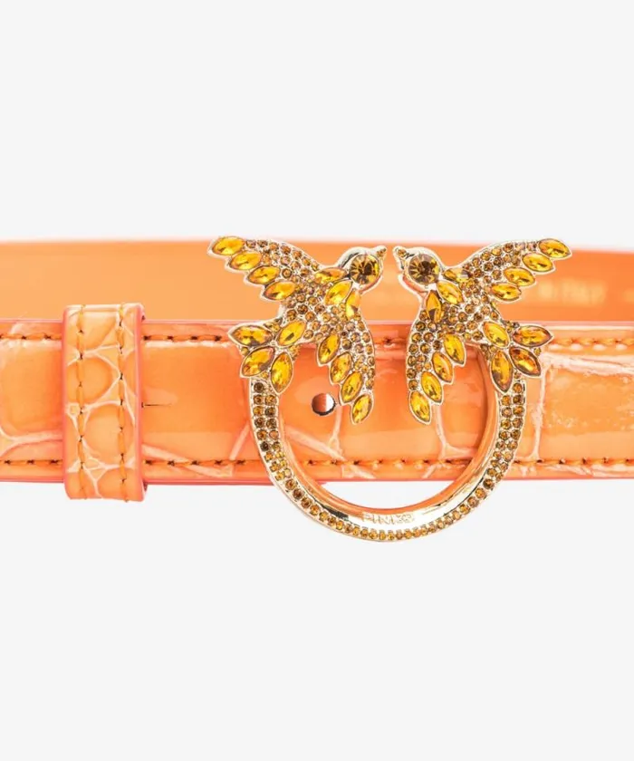 Women Limited Edition Pinko PINKO Galleria Thin 2cm Shiny Coloured Crocprint Belt With Love Birds Buckle Orangelightgold Women Limited Edition Pinko PINKO Galleria Thin 2cm Shiny Coloured Crocprint Belt With Love Birds Buckle Orangelightgold