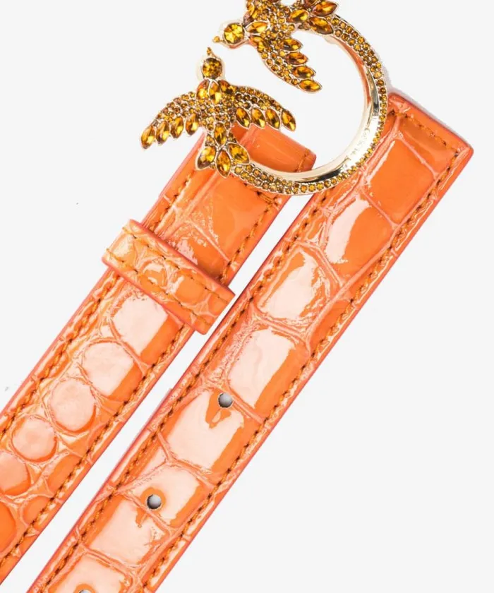 Women Limited Edition Pinko PINKO Galleria Thin 2cm Shiny Coloured Crocprint Belt With Love Birds Buckle Orangelightgold Women Limited Edition Pinko PINKO Galleria Thin 2cm Shiny Coloured Crocprint Belt With Love Birds Buckle Orangelightgold