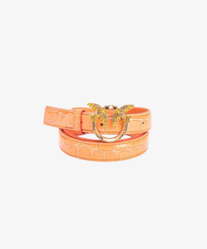 Women Limited Edition Pinko PINKO Galleria Thin 2cm Shiny Coloured Crocprint Belt With Love Birds Buckle Orangelightgold Women Limited Edition Pinko PINKO Galleria Thin 2cm Shiny Coloured Crocprint Belt With Love Birds Buckle Orangelightgold