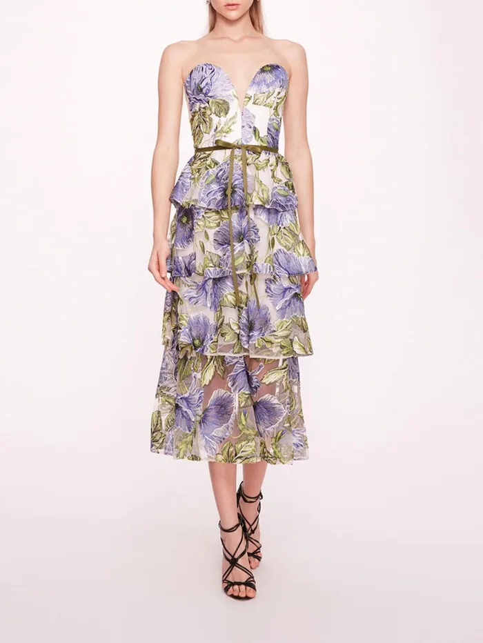 Women Marchesa Dresses Embroidered Plunging Midi Dress Blue White