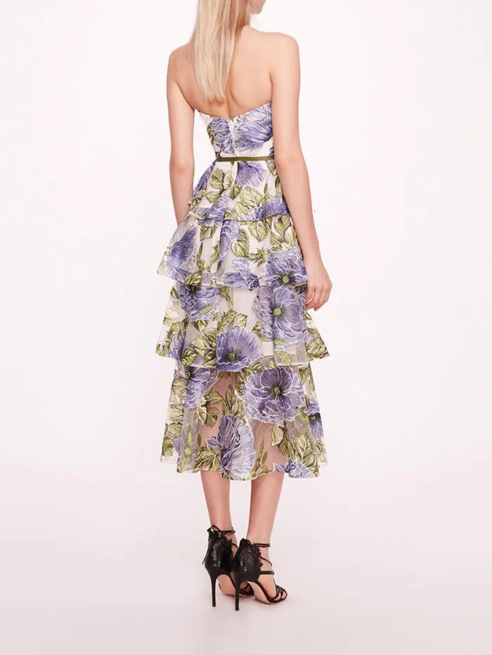 Women Marchesa Dresses Embroidered Plunging Midi Dress Blue White Women Marchesa Dresses Embroidered Plunging Midi Dress Blue White