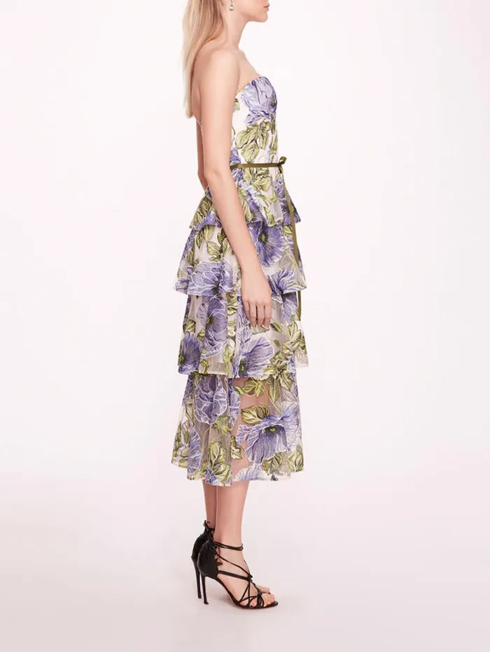 Women Marchesa Dresses Embroidered Plunging Midi Dress Blue White Women Marchesa Dresses Embroidered Plunging Midi Dress Blue White