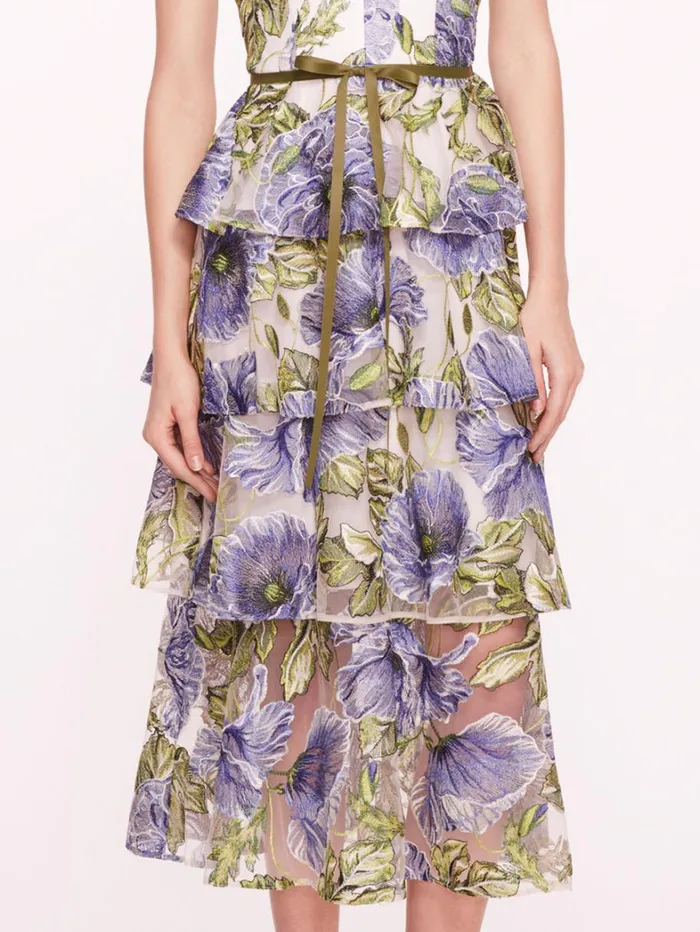 Women Marchesa Dresses Embroidered Plunging Midi Dress Blue White Women Marchesa Dresses Embroidered Plunging Midi Dress Blue White