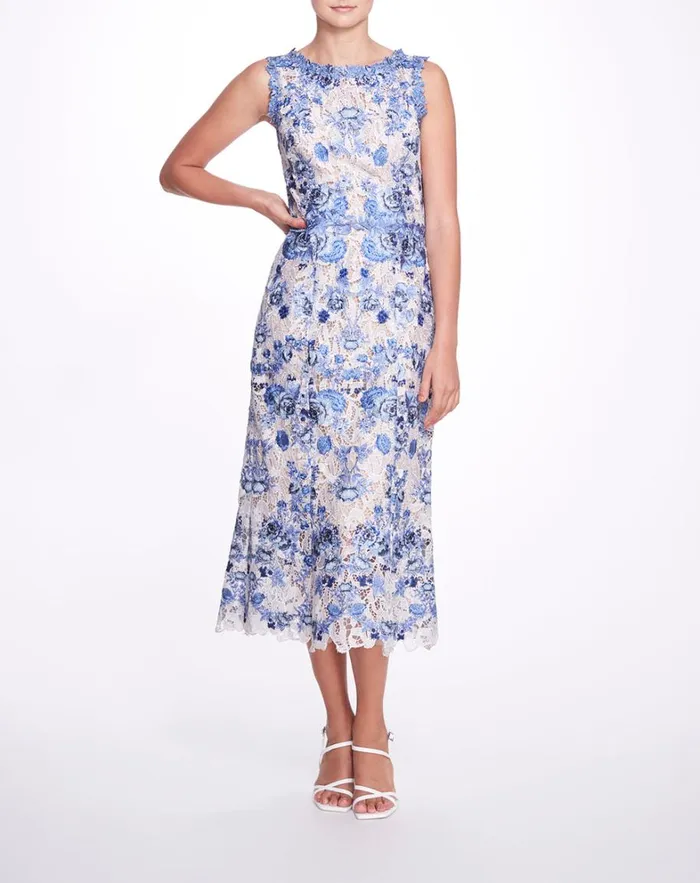 Women Marchesa Dresses Guipure TeaLength Gown Ivory Blue