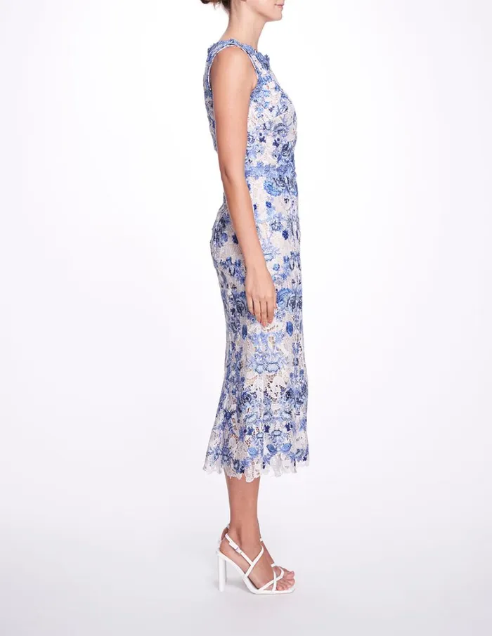 Women Marchesa Dresses Guipure TeaLength Gown Ivory Blue Women Marchesa Dresses Guipure TeaLength Gown Ivory Blue
