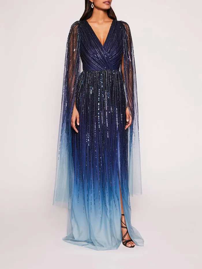 Women Marchesa Dresses Ombre Beaded Gown Navy Multi