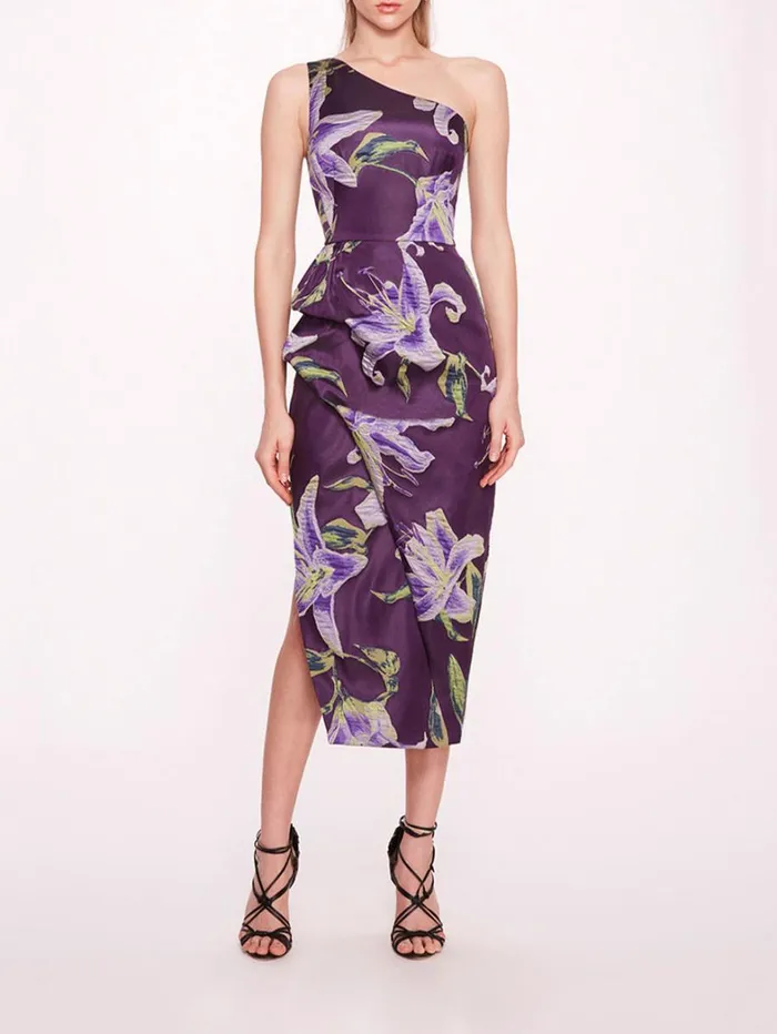 Women Marchesa Dresses One Shoulder Drape Midi Dress Purple