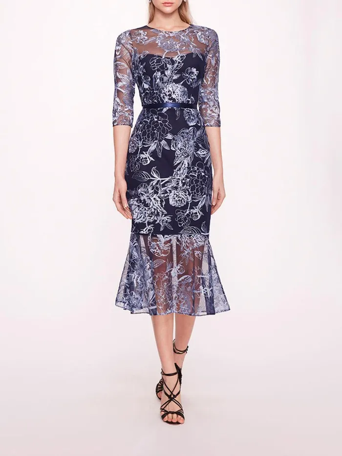 Women Marchesa Dresses Peonies Pencil Dress Navy Silver