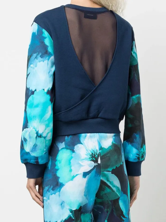 Women Marchesa Marchesa Active Blue Floral Printed Crew Neck Cropped Sweatshirt With Mesh Cutout Back Navy Multi Women Marchesa Marchesa Active Blue Floral Printed Crew Neck Cropped Sweatshirt With Mesh Cutout Back Navy Multi