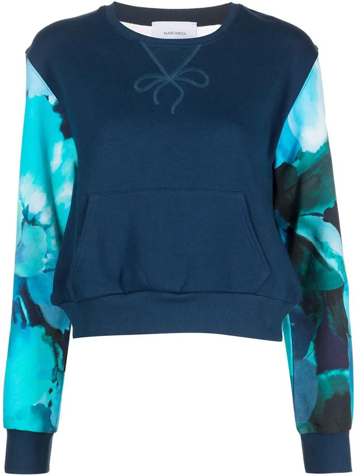 Women Marchesa Marchesa Active Blue Floral Printed Crew Neck Cropped Sweatshirt With Mesh Cutout Back Navy Multi Women Marchesa Marchesa Active Blue Floral Printed Crew Neck Cropped Sweatshirt With Mesh Cutout Back Navy Multi
