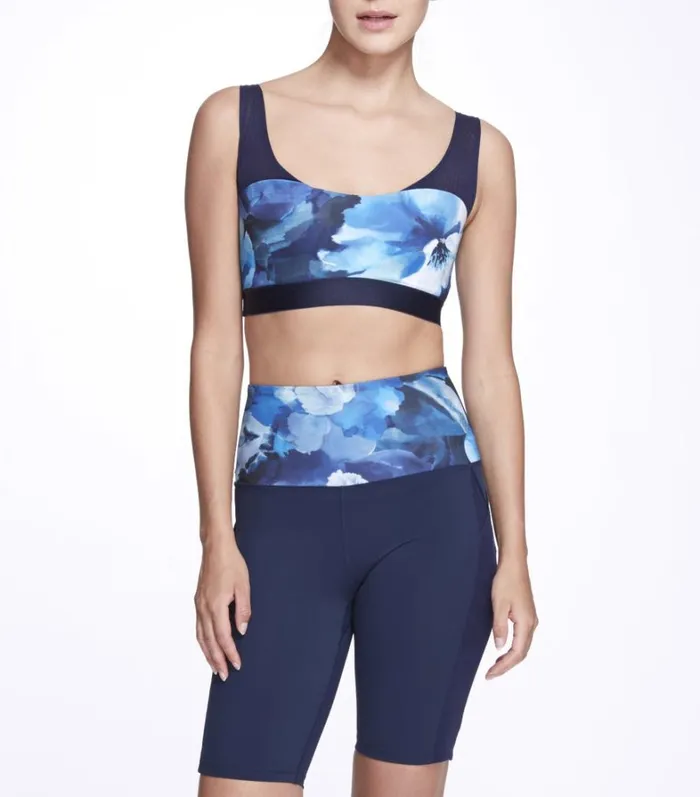 Women Marchesa Tops Navy Blue Floral Print Sports Bra With Mesh Navy Multi