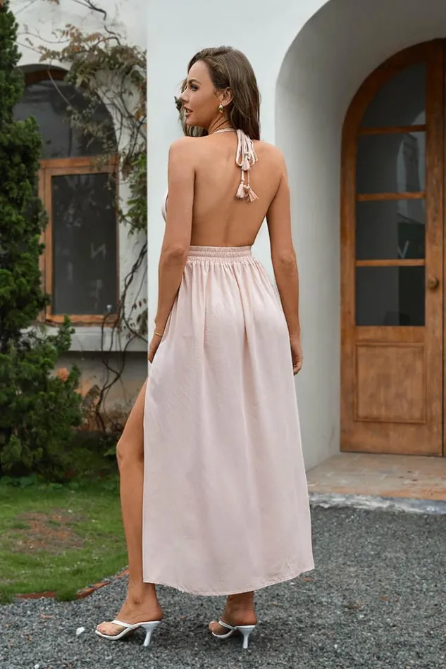 Women Maxi Dresses Cupshe Ria Pink Plunge Halter Neck Slip Dress Pink