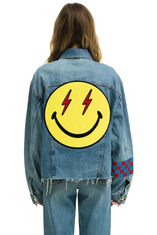 WomenMen Denim Aviator Nation Stoked Bolt Smiley Oversized Cutoff Denim Jacket 8211 Vintage WomenMen Denim Aviator Nation Stoked Bolt Smiley Oversized Cutoff Denim Jacket 8211 Vintage