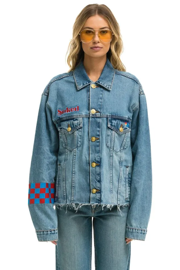WomenMen Denim Aviator Nation Stoked Bolt Smiley Oversized Cutoff Denim Jacket 8211 Vintage