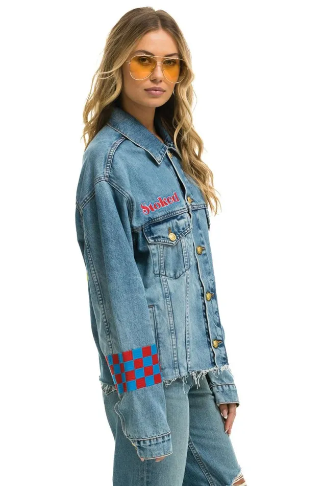 WomenMen Denim Aviator Nation Stoked Bolt Smiley Oversized Cutoff Denim Jacket 8211 Vintage