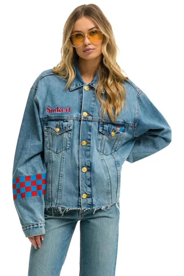 WomenMen Denim Aviator Nation Stoked Bolt Smiley Oversized Cutoff Denim Jacket 8211 Vintage