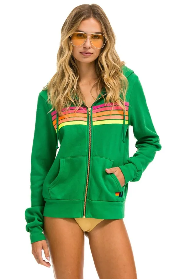 WomenMen Hoodies Aviator Nation 5 Stripe Hoodie 8211 Kelly Green Neon Pink Yellow