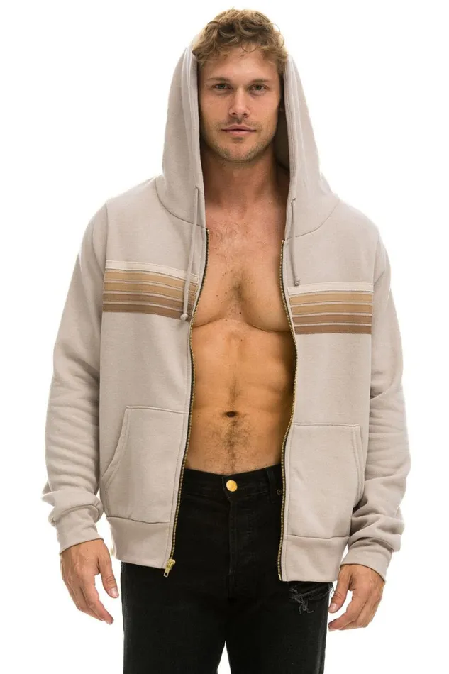 WomenMen Hoodies Aviator Nation 5 Stripe Hoodie 8211 Sand Tan