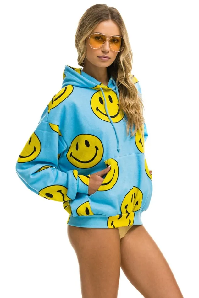 WomenMen Hoodies Aviator Nation Smiley Repeat Relaxed Pullover Hoodie 8211 Sky