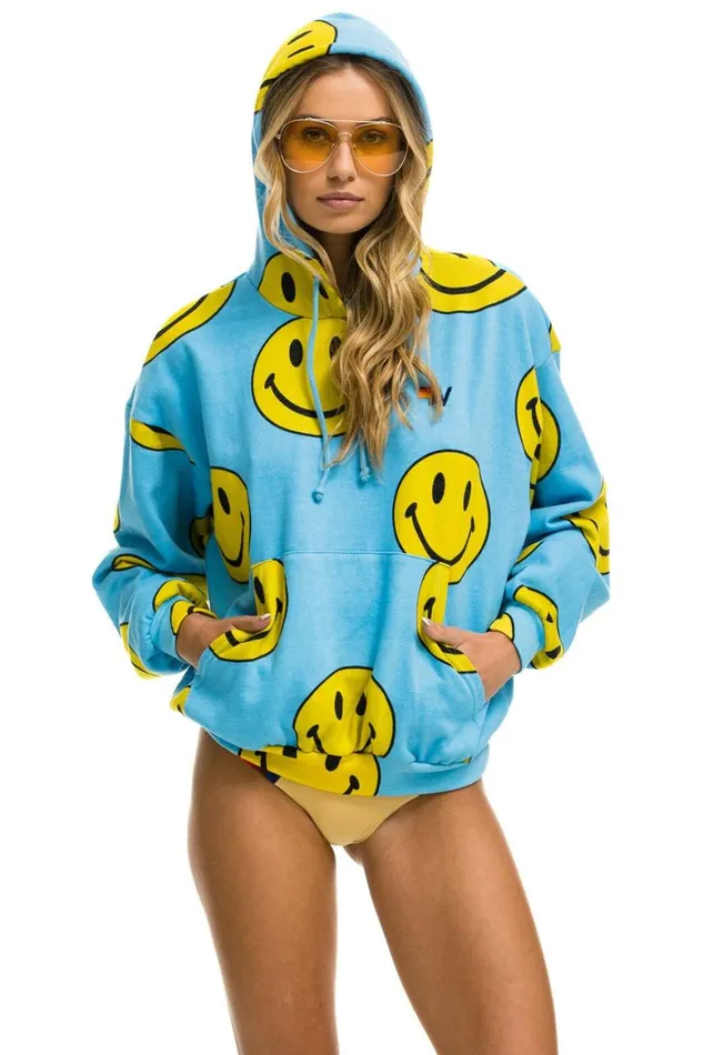 WomenMen Hoodies Aviator Nation Smiley Repeat Relaxed Pullover Hoodie 8211 Sky