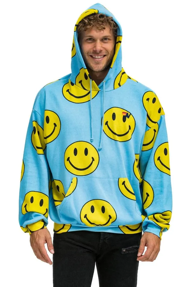 WomenMen Hoodies Aviator Nation Smiley Repeat Relaxed Pullover Hoodie 8211 Sky