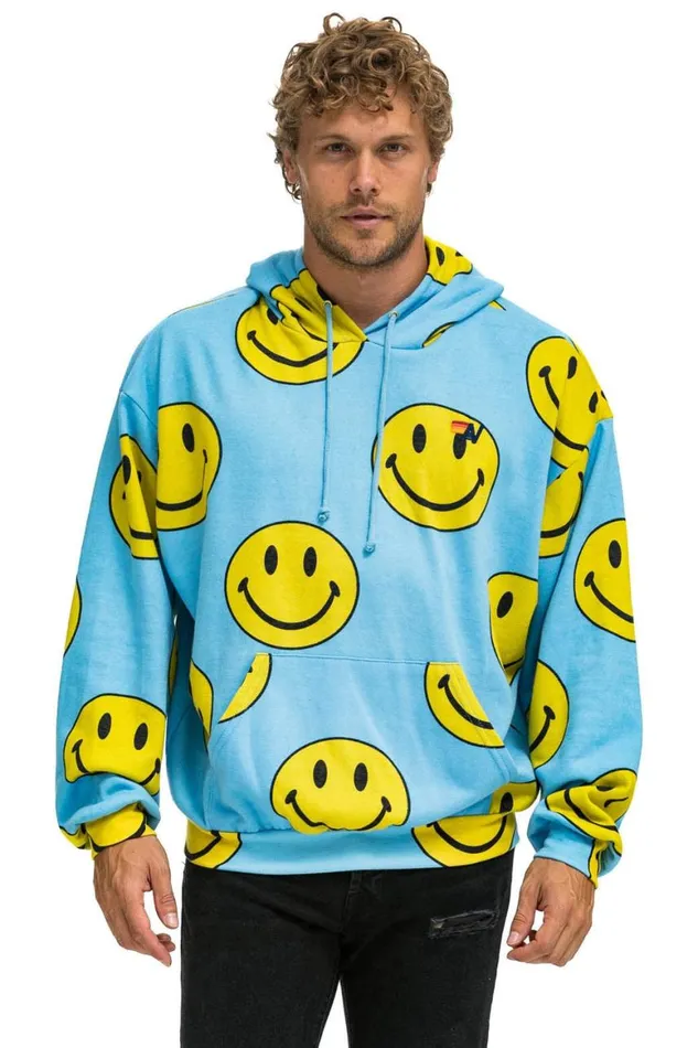 WomenMen Hoodies Aviator Nation Smiley Repeat Relaxed Pullover Hoodie 8211 Sky