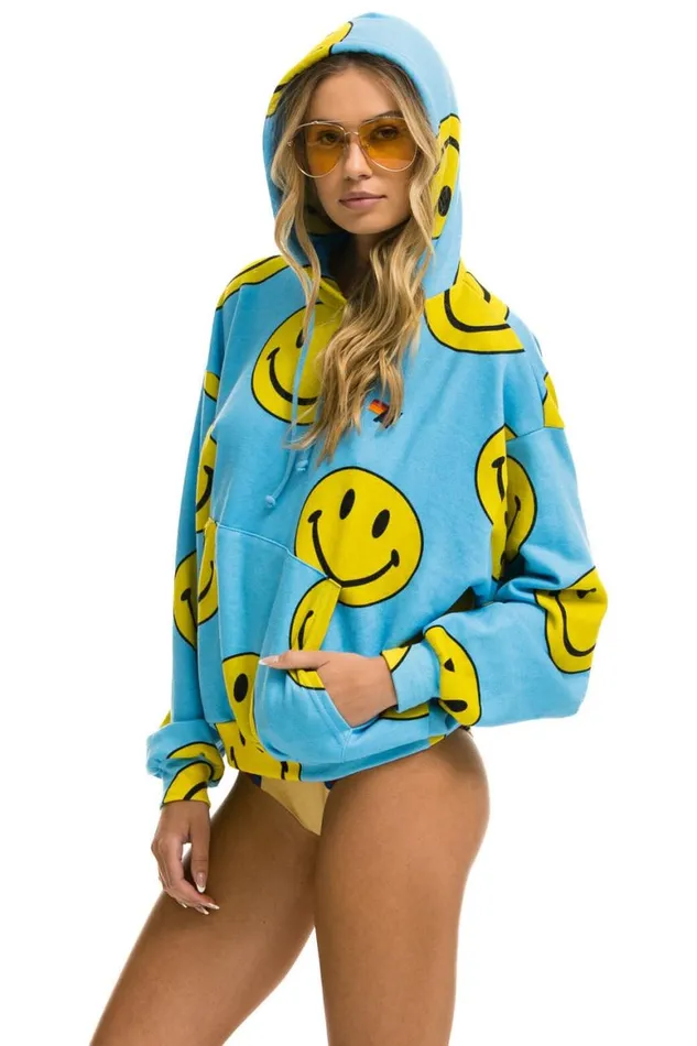 WomenMen Hoodies Aviator Nation Smiley Repeat Relaxed Pullover Hoodie 8211 Sky