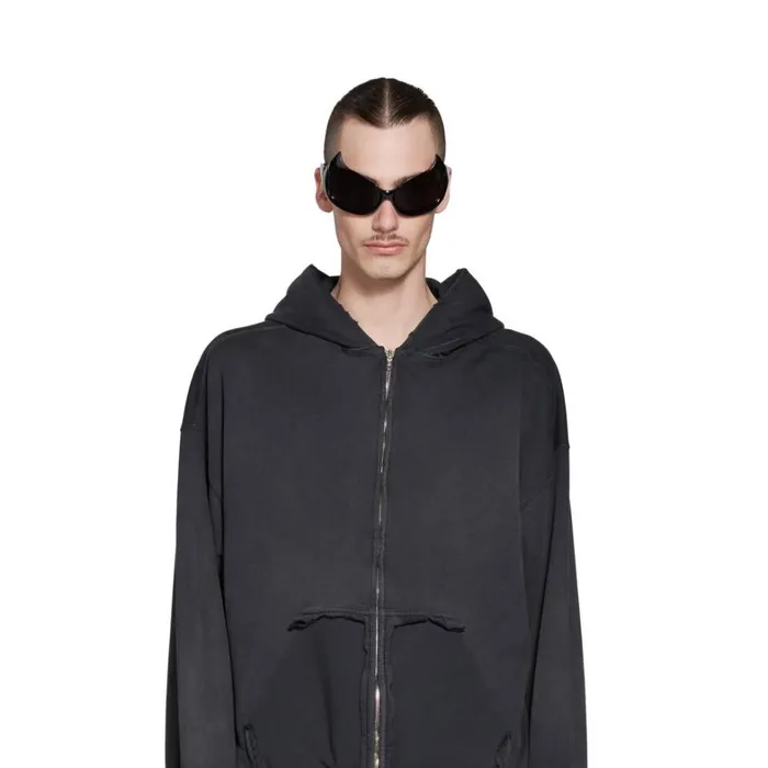 WomenMen Sweatshirts and Hoodies Balenciaga Tape Type Ripped Pocket Zipup Hoodie Large Fit In Black Faded