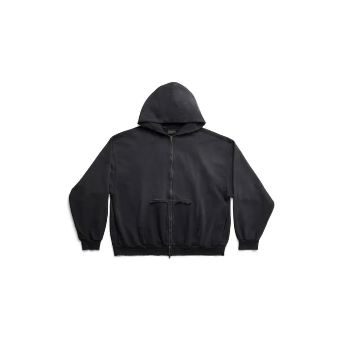 WomenMen Sweatshirts and Hoodies Balenciaga Tape Type Ripped Pocket Zipup Hoodie Large Fit In Black Faded