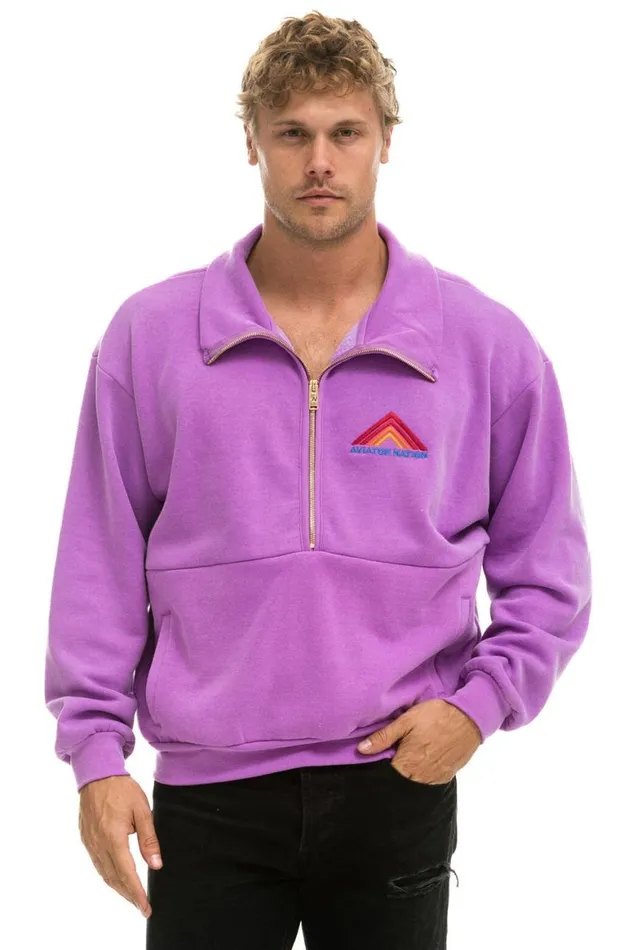 WomenMen Sweatshirts Aviator Nation Mountain Embroidery Half Zip Sweatshirt 8211 Neon Purple