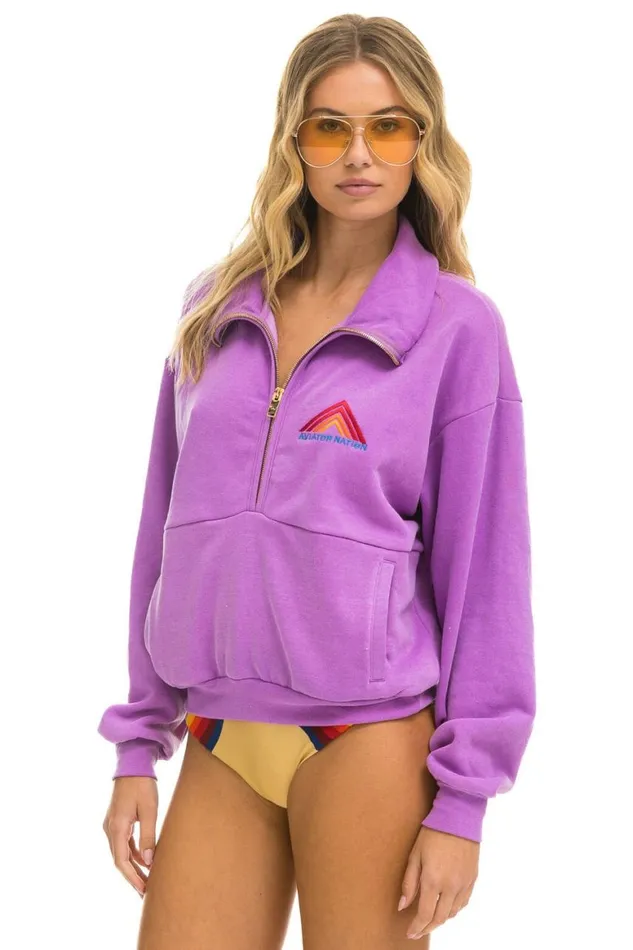 WomenMen Sweatshirts Aviator Nation Mountain Embroidery Half Zip Sweatshirt 8211 Neon Purple