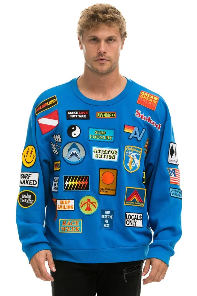 WomenMen Sweatshirts Aviator Nation Vintage Patch Relaxed Crew Sweatshirt 8211 Ocean
