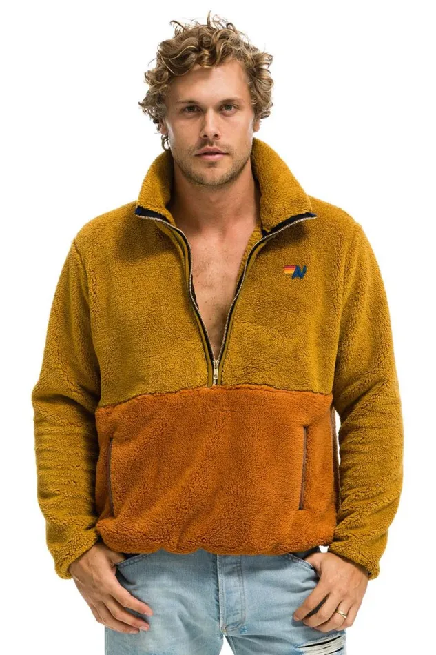 WomenMen Teddy Jackets Aviator Nation Teddy Unisex Half Zip Color Block Jacket 8211 Honey
