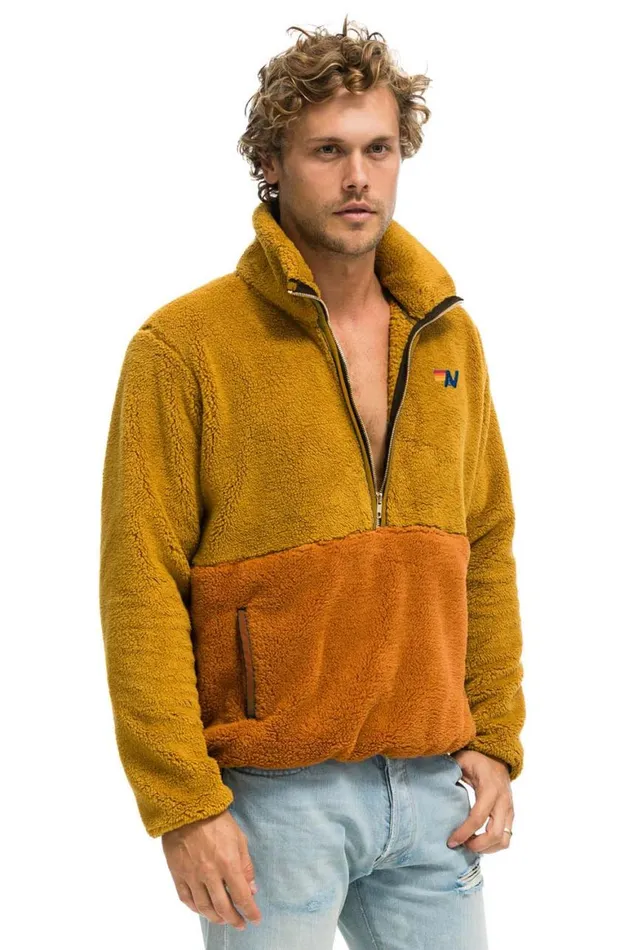 WomenMen Teddy Jackets Aviator Nation Teddy Unisex Half Zip Color Block Jacket 8211 Honey