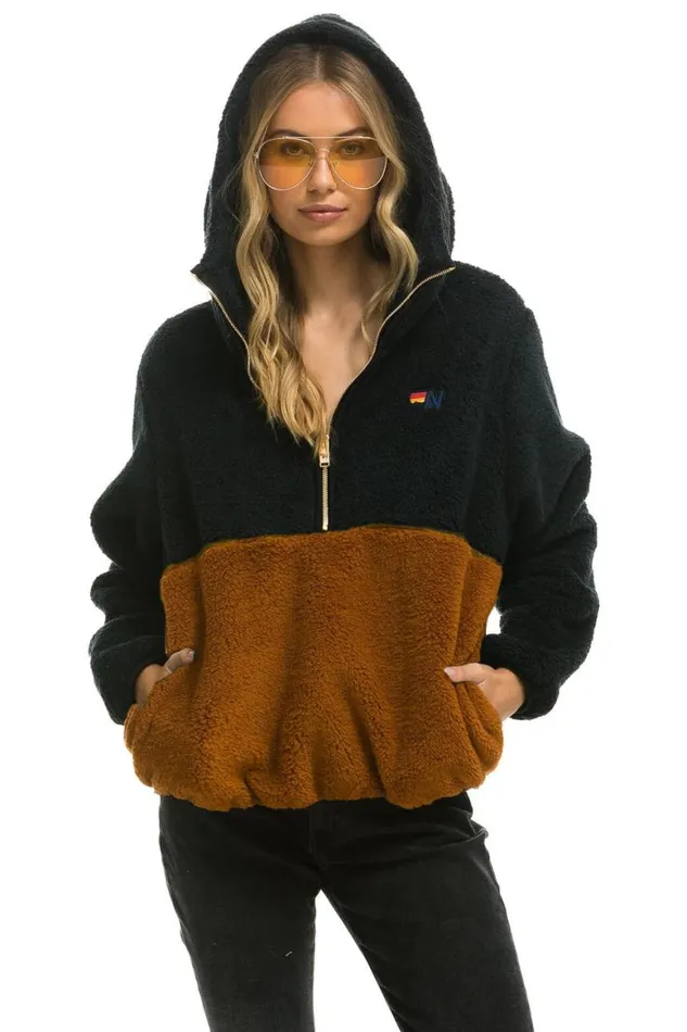 WomenMen Teddy Jackets Aviator Nation Teddy Unisex Hooded Half Zip Color Block Jacket 8211 Black WomenMen Teddy Jackets Aviator Nation Teddy Unisex Hooded Half Zip Color Block Jacket 8211 Black