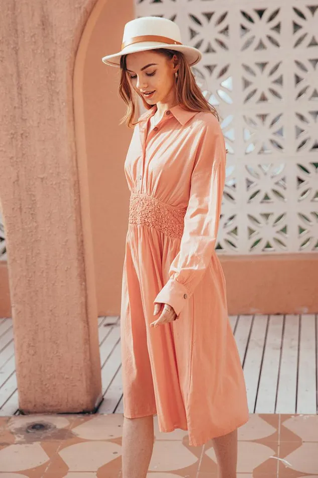 Women Midi Dresses Cupshe Sinemorets Shirt Collar Long Sleeve AShape Dress Orange