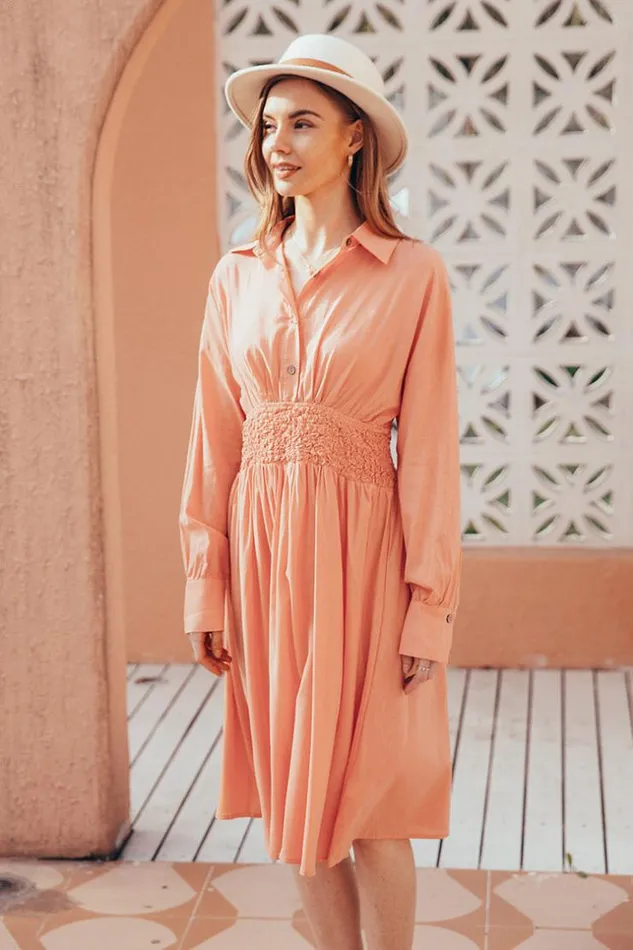 Women Midi Dresses Cupshe Sinemorets Shirt Collar Long Sleeve AShape Dress Orange
