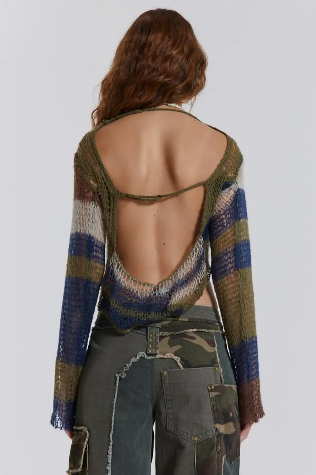 Women Navy and Khaki Fine Knit Backless Jumper Jaded London Knitwear