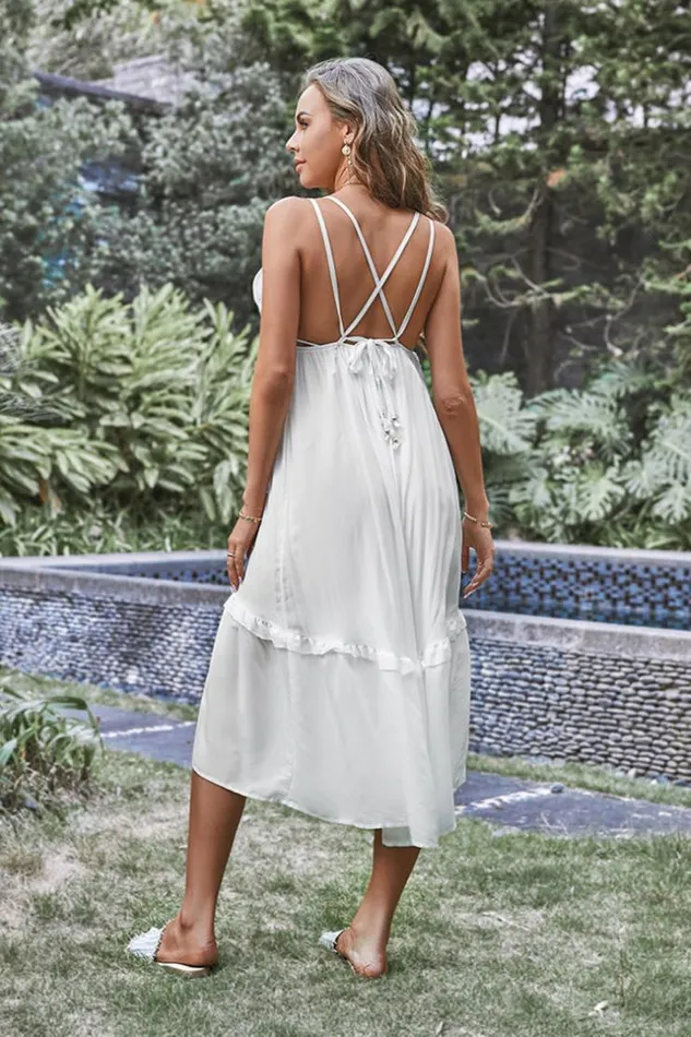 Women New In Dresses Cupshe Reign Elastic Waist Lace Up Frill AShape Cover Up Dress Multicolor