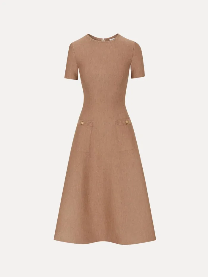 Women O Flower Knit Midi Dress Cafe Au Lait Oscar De La Renta Dresses