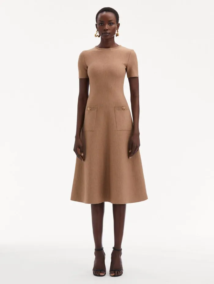 Women O Flower Knit Midi Dress Cafe Au Lait Oscar De La Renta Dresses Women O Flower Knit Midi Dress Cafe Au Lait Oscar De La Renta Dresses