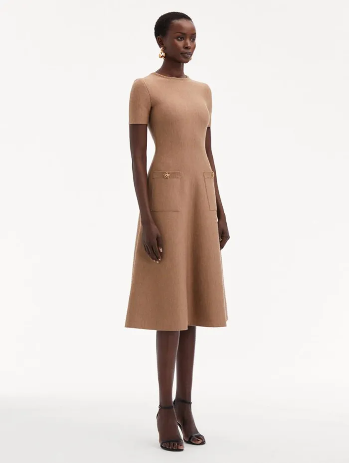 Women O Flower Knit Midi Dress Cafe Au Lait Oscar De La Renta Dresses Women O Flower Knit Midi Dress Cafe Au Lait Oscar De La Renta Dresses