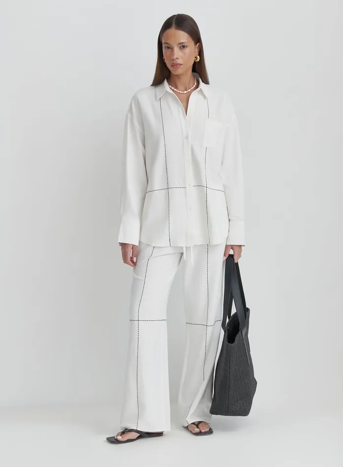 Women Off White Contrast Stitch Linen Oversized Shirt Genevive 4th and Reckless Tops