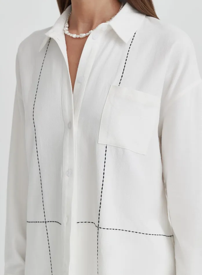 Women Off White Contrast Stitch Linen Oversized Shirt Genevive 4th and Reckless Tops