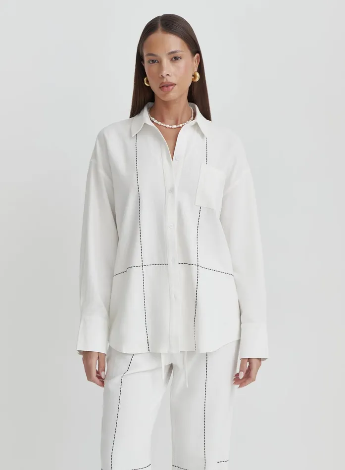Women Off White Contrast Stitch Linen Oversized Shirt Genevive 4th and Reckless Tops