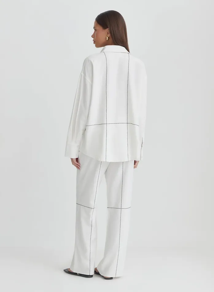 Women Off White Contrast Stitch Linen Oversized Shirt Genevive 4th and Reckless Tops